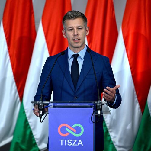 Tisza Party head and prospective prime minister Peter Magyar attends a press conference during the first meeting of the future faction in Budapest, Hungary, Monday, April 20, 2026. (Robert Hegedus/MTI via AP)