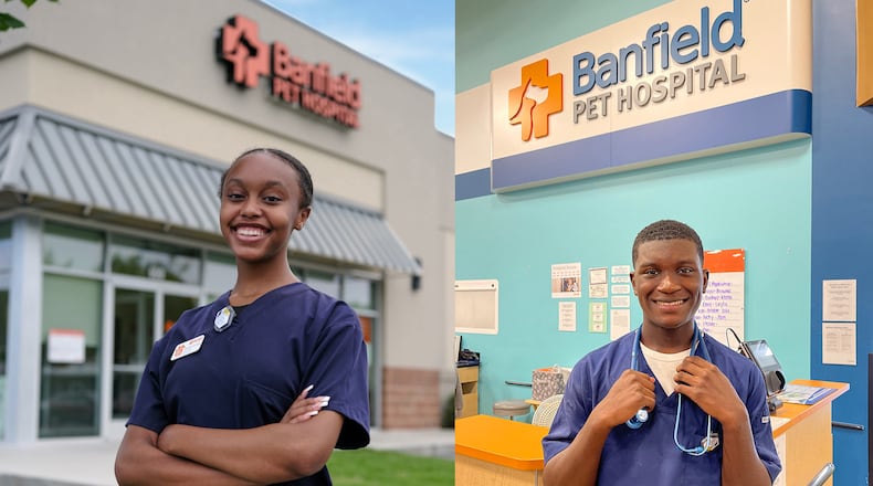 Chantia Fletcher (left) and Elias Dennis are part of the inaugural NextVet Internship, which provides 15 high school students from diverse backgrounds with an immersive opportunity to learn first-hand about careers in companion animal medicine at a local Banfield hospital. Photo courtesy of Banfield Pet Hospital