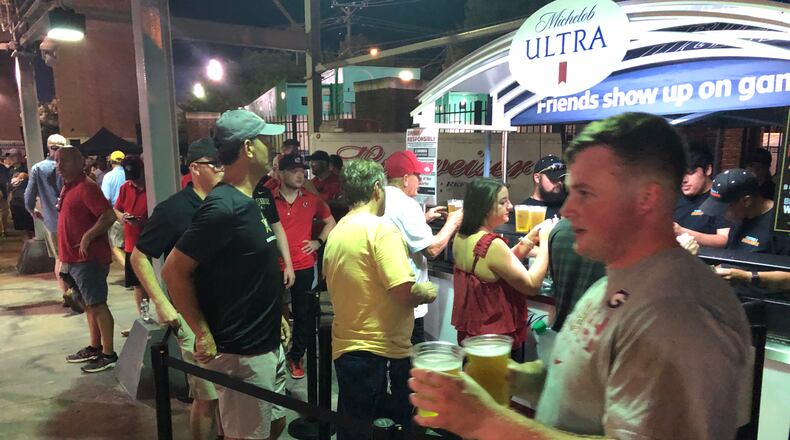 Georgia fans dominated the long lines for beer sales in the southside concourse of Vanderbilt Stadium Saturday, Aug. 31, 2019, in Nashville.