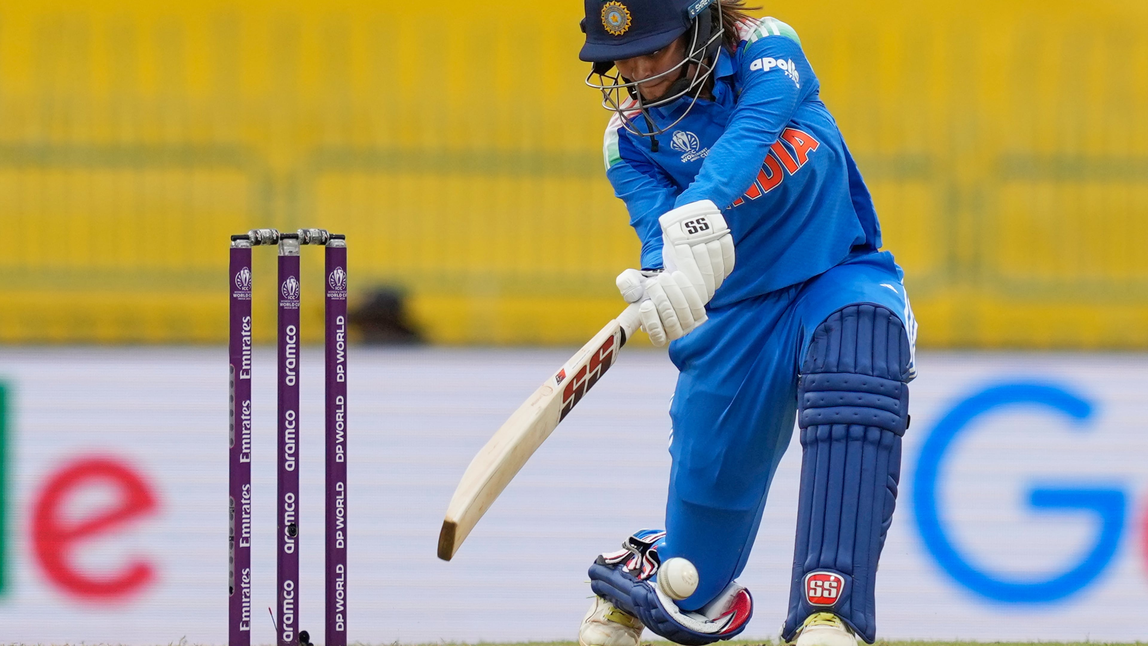 India's Harleen Deol plays a shot during the ICC Women's Cricket World Cup match between India and Pakistan at Premadasa Stadium in Colombo, Sri Lanka, Sunday, Oct, 5, 2025. (AP Photo/Eranga Jayawardena)