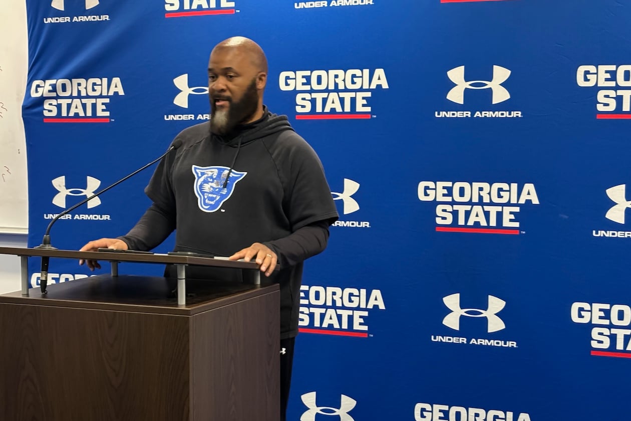 Georgia State coach Dell McGee addresses the media after the team's first spring football practice session on March 4, 2025. (Stan Awtrey/AJC)