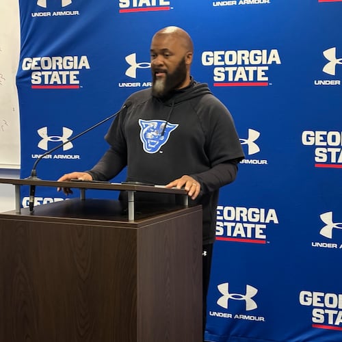 Georgia State coach Dell McGee addresses the media after the team's first spring football practice session on March 4, 2025. (Stan Awtrey/AJC)