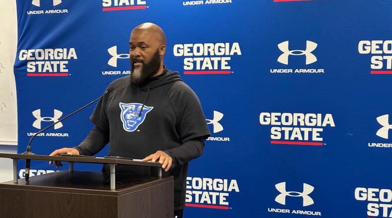 Georgia State coach Dell McGee addresses the media after the team's first spring football practice session on March 4, 2025. (Stan Awtrey / AJC)