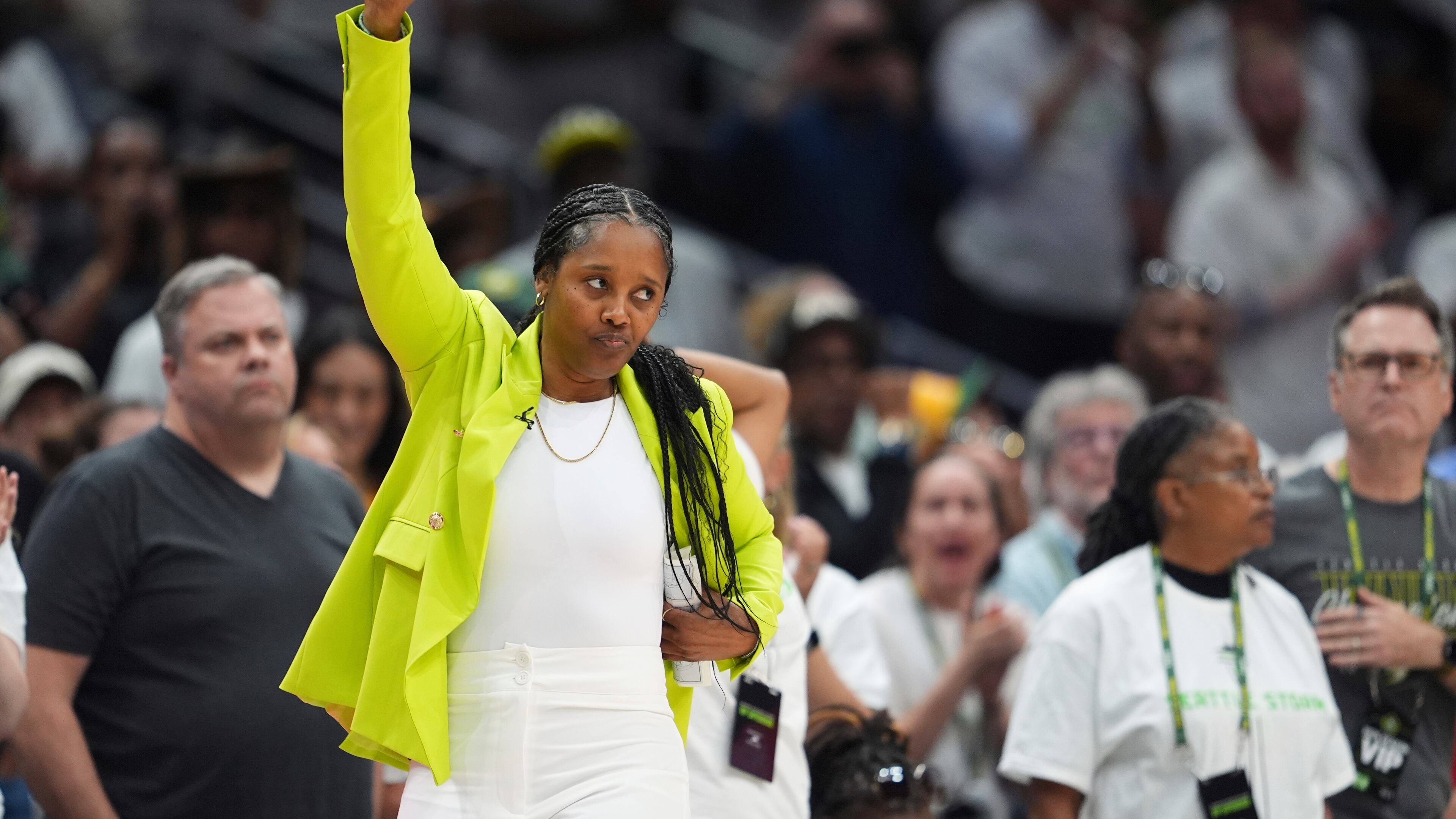 Seattle Storm head coach Noelle Quinn reacts on the sideline during the second half of Game 2 against the Las Vegas Aces in the first round of the WNBA basketball playoffs Tuesday, Sept. 16, 2025, in Seattle. (AP Photo/Lindsey Wasson)