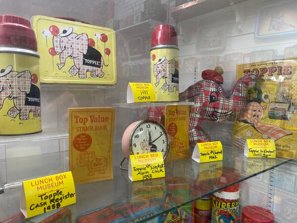 The museum's most expensive pieces — a metal lunch box and thermos bearing Toppie, the Top Value Stamp Elephant from the ’60s — are valued at nearly $10,000. Ligaya Figueras/ligaya.figueras@ajc.com
