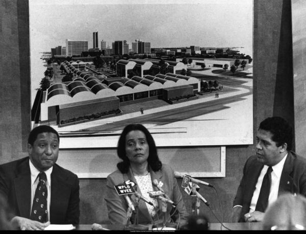 In this photo from the 1980s, Bernard LaFayette Jr. (from left), Coretta Scott King and then-Atlanta Mayor Maynard Jackson speak during a news conference about the Martin Luther King Jr. Center for Nonviolent Social Change building on Auburn Avenue. (AJC File)