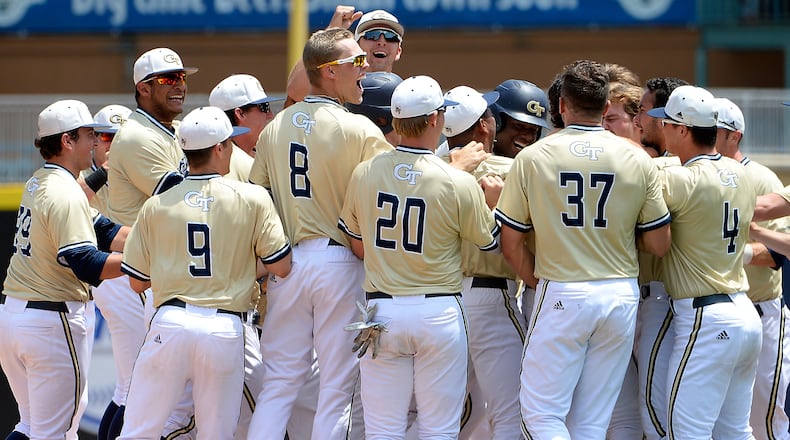 Georgia Tech celebrates winning game ten of the 2019 ACC Baseball Tournament in Durham, N.C., Friday, May 24, 2019. (Photo by Sara D. Davis, the ACC)