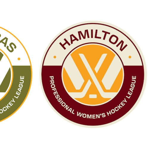 This combo of images provided by the PWHL shows the badges for the league's new women's hockey teams in Las Vegas and Hamilton, Ontario. (PWHL via AP)