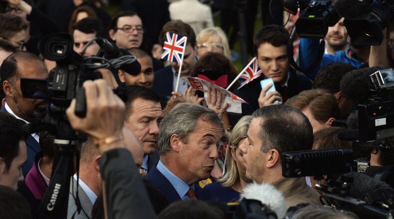 Nigel Farage, a leader of the “leave” movement, speaks to the media following the results of the EU referendum. (Photo by Mary Turner/Getty Images)