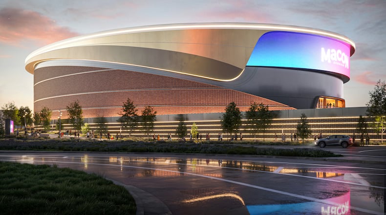 Rendering of Macon's planned new arena, which is expected to open in summer 2028. The $350 million venue along I-16 will have 10,000-plus capacity and replace the nearly 60-year-old Macon Coliseum. (Macon-Bibb County)