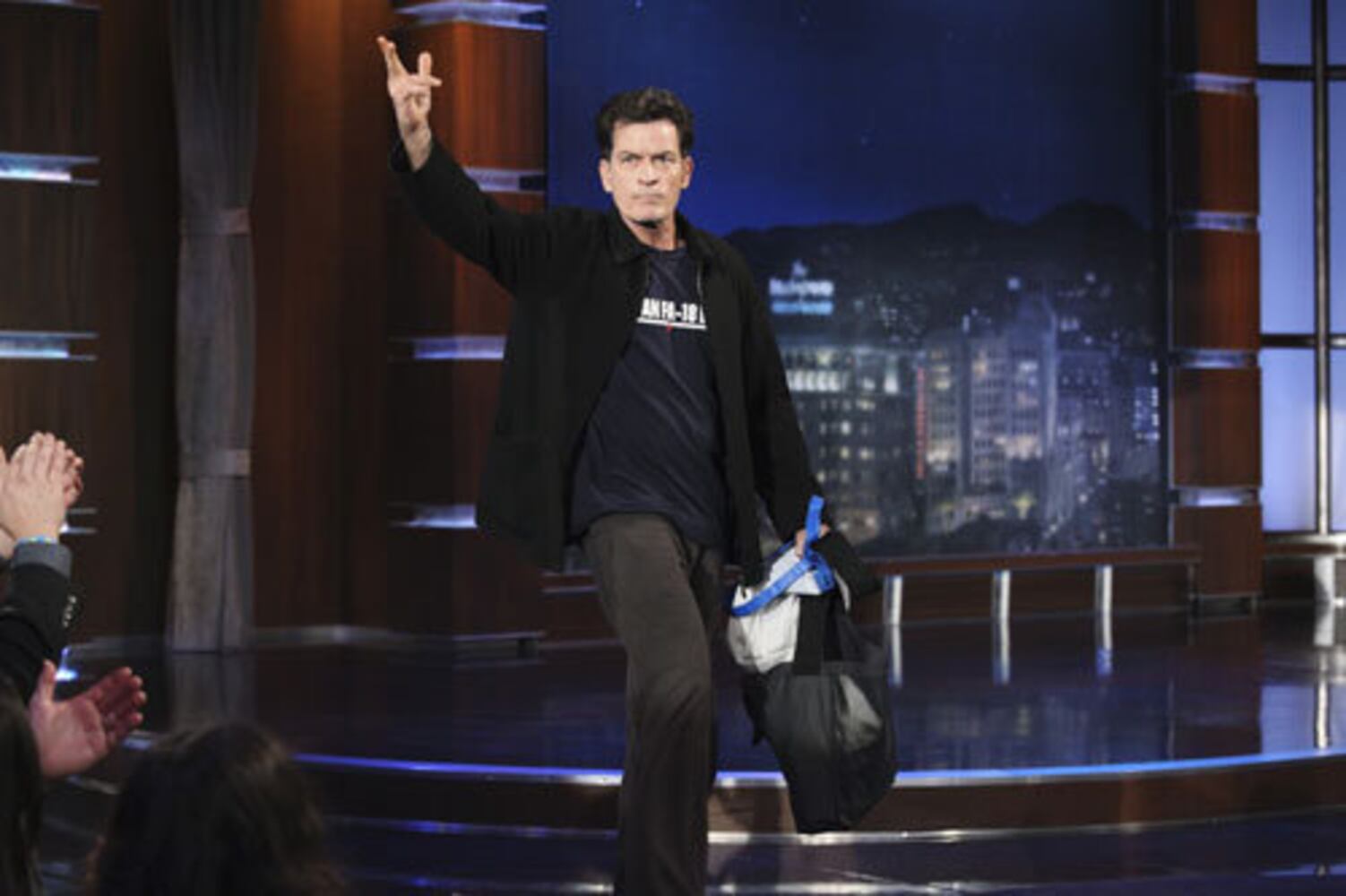 Charlie Sheen surprises Jimmy Kimmel with a kiss
