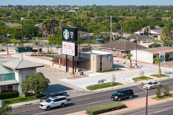 An aerial view shows a 3D printed Starbucks building Monday, April 28, 2025, in Brownsville, Texas. (AP Photo/Michael Gonzalez)