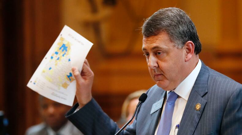 2/14/18 - Atlanta - Senator Steve Gooch, R - Dahlonega, presents SB 366,  related to sheriff's office wages and compensation, which passed.   The senate had five police related bills on its rules calendar today, all of which passed, on day 21 of the 2018 General Assembly.   BOB ANDRES  /BANDRES@AJC.COM