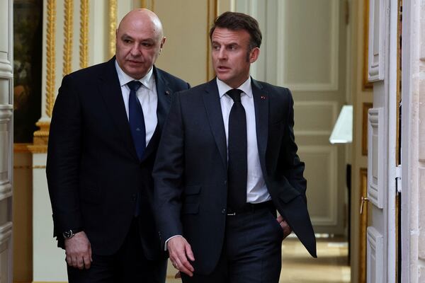 French President Emmanuel Macron, right, and Lebanese President Joseph Aoun arrive for a joint press conference at the Elysee Palace in Paris, Friday, March 28, 2025. (Sarah Meyssonnier/Pool via AP)