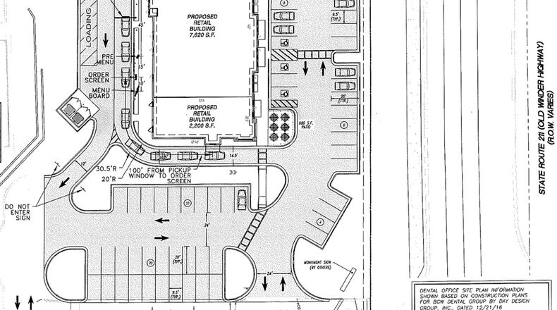 Developer is proposing the construction of a 10,000-square-foot building with 2,200-square-feet set aside for a Starbuck’s with drive-thru. Courtesy Town of Braselton