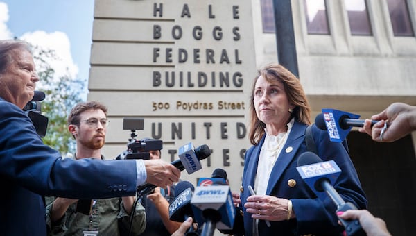 FILE - Louisiana Attorney General Liz Murrill talks with the media in front of the Hale Boggs Federal Building in New Orleans, May 19, 2025, after meeting with federal officials about the recent Orleans Parish Prison jail break. (David Grunfeld/The Times-Picayune/The New Orleans Advocate via AP, File)