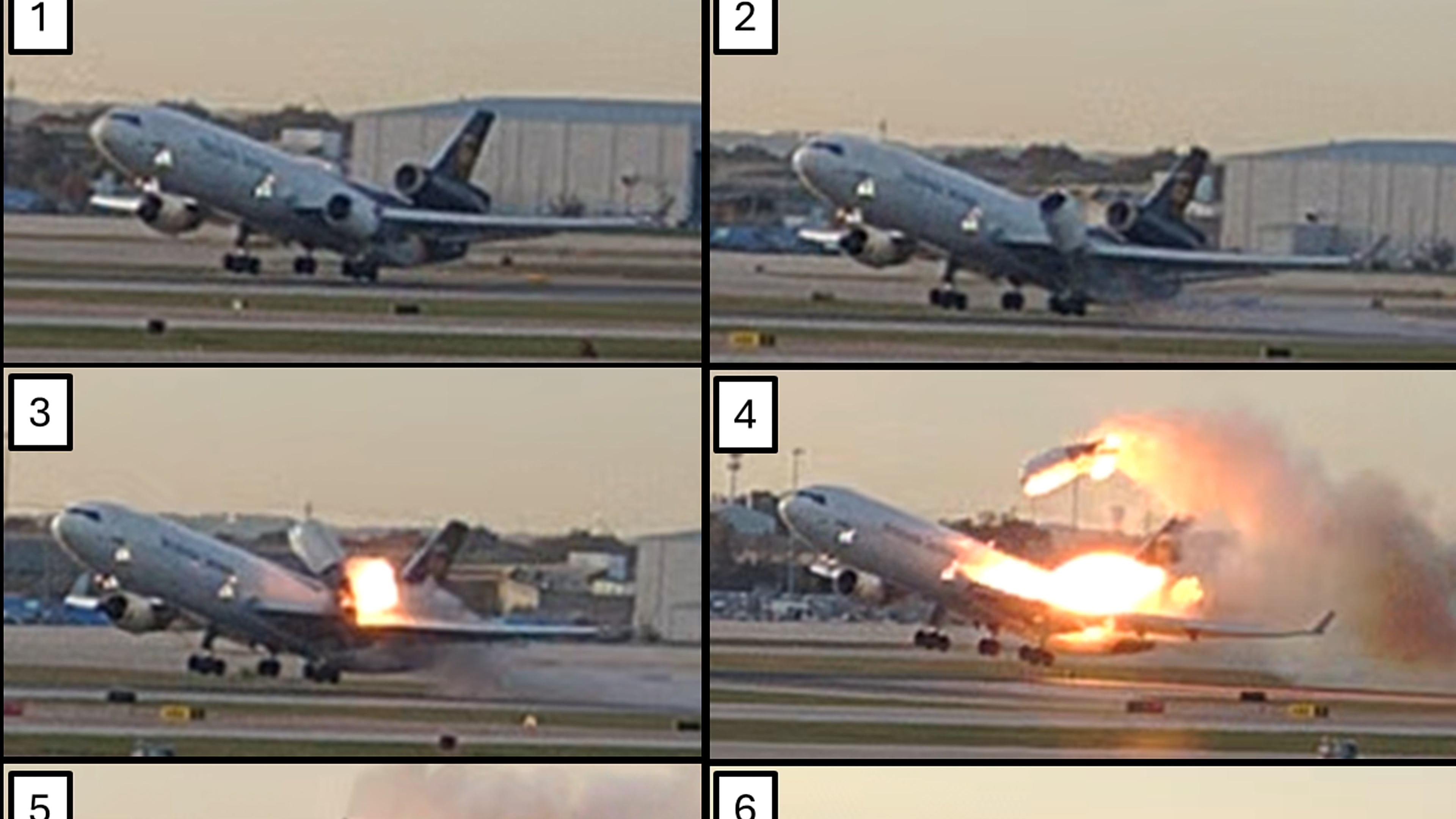 This combination photo provided by the National Transportation Safety Board (NTSB) via UPS shows a sequence of framegrabs made from video where an engine is seen detaching from the plane's left wing upon takeoff at the Louisville International Airport in Louisville, Nov. 4, 2025. (UPS/NTSB via AP)