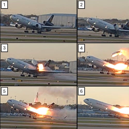 This combination photo provided by the National Transportation Safety Board (NTSB) via UPS shows a sequence of framegrabs made from video where an engine is seen detaching from the plane's left wing upon takeoff at the Louisville International Airport in Louisville, Nov. 4, 2025. (UPS/NTSB via AP)