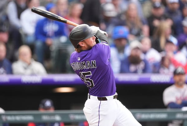 Colorado Rockies' Hunter Goodman follows the flight of his three-run home run off Atlanta Braves starting pitcher Bryce Elder in the first inning of a baseball game Monday, April 28, 2025, in Denver. (AP Photo/David Zalubowski)
