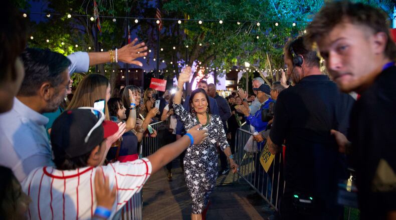 Democratic gubernatorial candidate Deb Haaland waves to attendees during a primary election night watch party Tuesday, June 2, 2026, in Albuquerque, New Mexico. (AP Photo/Jon Austria)