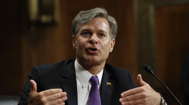 In this July 12, 2017 file photo, FBI Director nominee Christopher Wray testifies on Capitol Hill in Washington at his confirmation hearing before the Senate Judiciary Committee. The Senate is slated to vote Tuesday, Aug. 1, 2017, evening on the nomination of Wray. The former Justice Department official won unanimous support from the Judiciary Committee last month, with Republicans and Democrats praising his promise never to let politics get in the way of the bureau's mission.