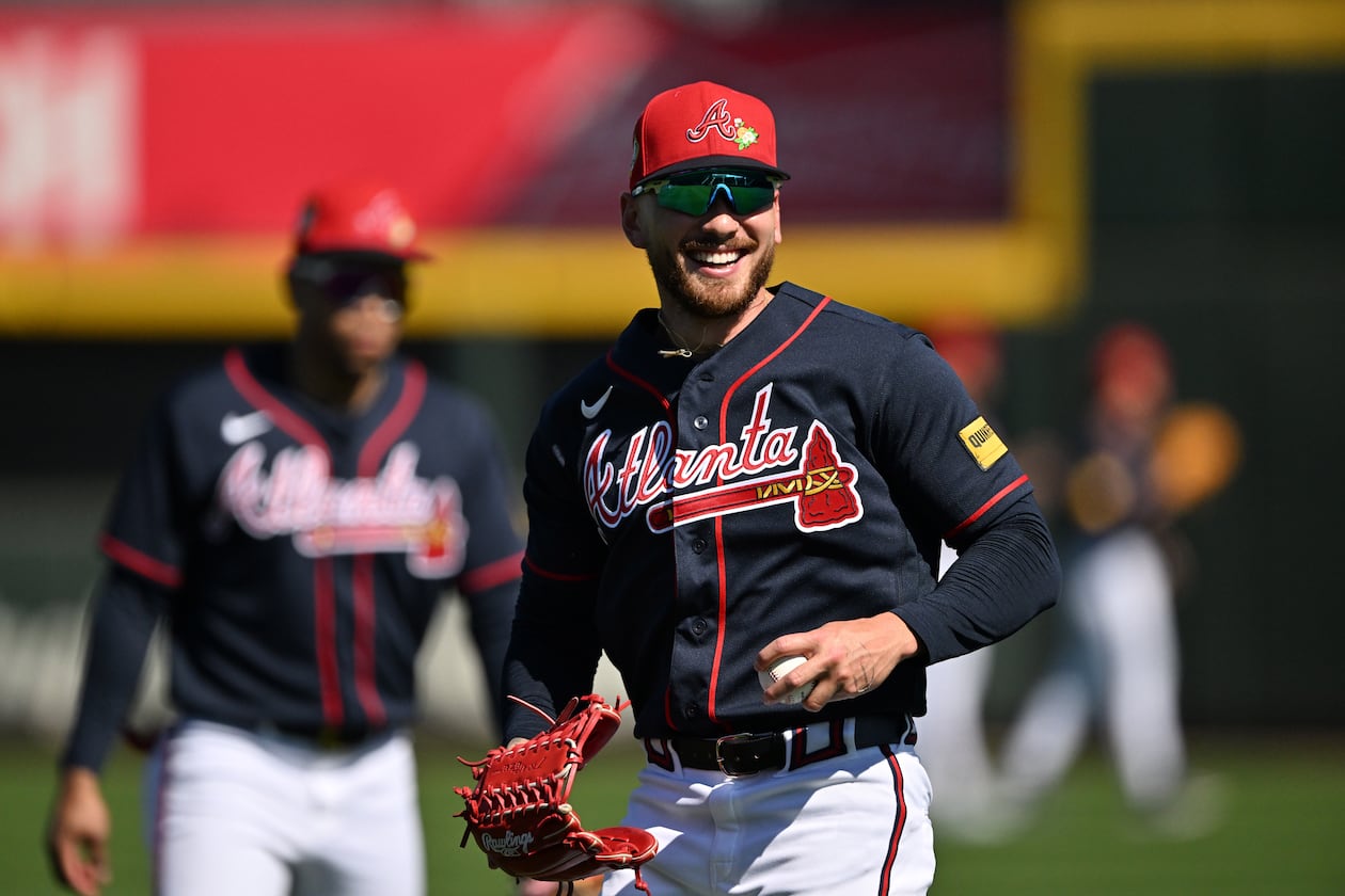 Atlanta Braves outfielder DaShawn Keirsey Jr. reacts during the first full-squad spring training workouts at CoolToday Park, Sunday, Feb. 15, 2026, in North Port, Fla. (Hyosub Shin/AJC)