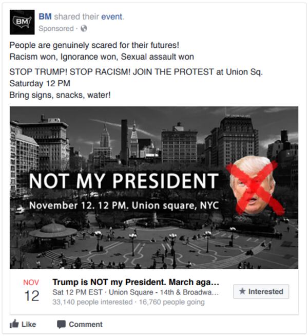 A Russian ad promotes a Russian-made event following the election of President Donald Trump. The ad targets Black Lives Matter supporters.