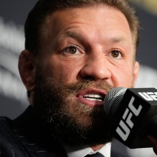 Conor McGregor speaks during a news conference for the UFC 329 mixed martial arts event Wednesday, July 8, 2026, in Las Vegas. (AP Photo/John Locher)