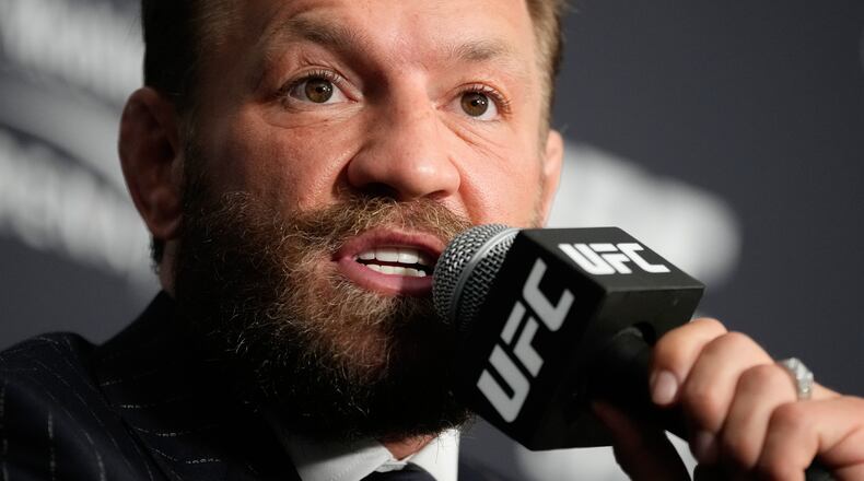 Conor McGregor speaks during a news conference for the UFC 329 mixed martial arts event Wednesday, July 8, 2026, in Las Vegas. (AP Photo/John Locher)