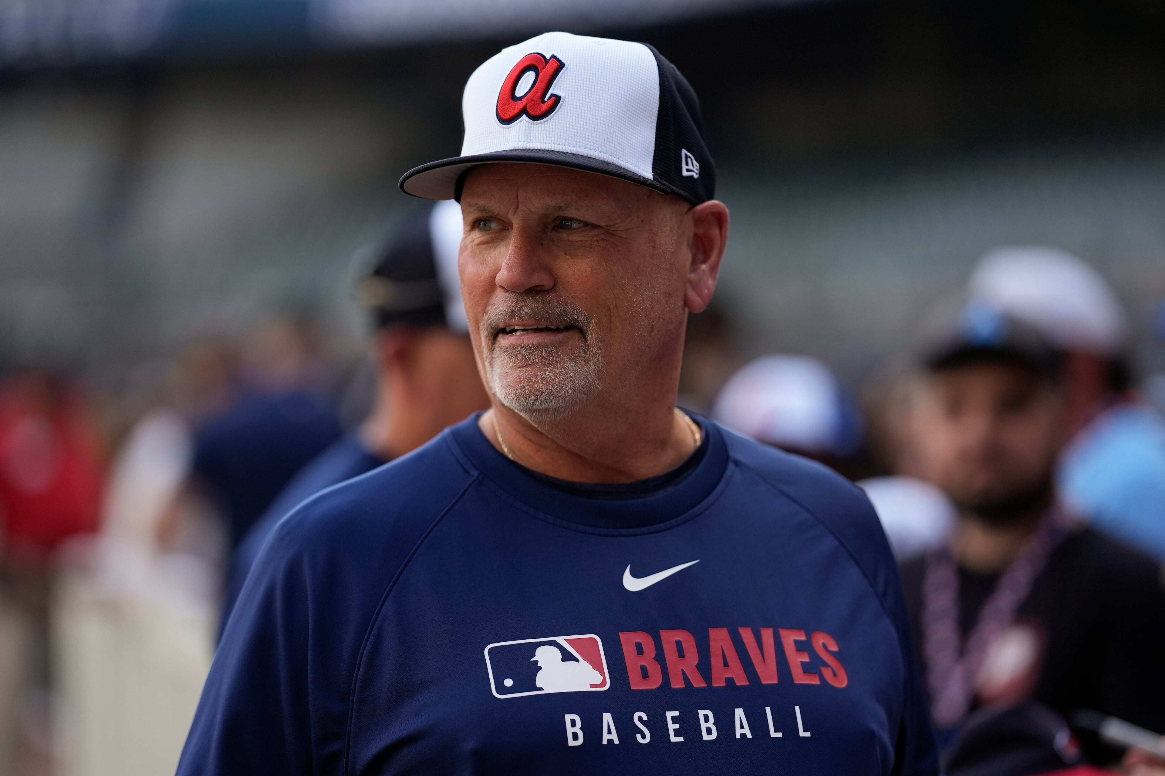Atlanta Braves manager Brian Snitker watched batting practice before a game between the Atlanta Braves and the Colorado Rockies, Friday, June 13, 2025, in Atlanta. Snitker will be part of the National League coaching staff in the MLB All-Star game July 15. (Mike Stewart/AP)