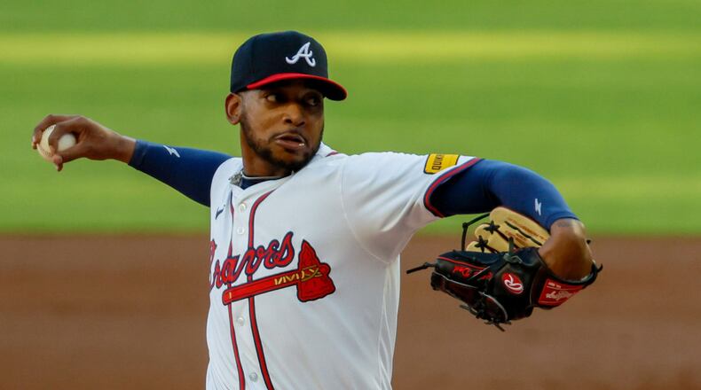 Darius Vines during the first inning of the Braves-Rangers game at Truist Park in April. (Miguel Martinez/ AJC)