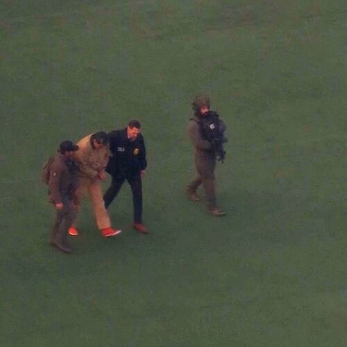 This image taken from video shows Venezuelan President Nicolas Maduro being escorted to board a helicopter for transport to Manhattan Federal Court, Monday, Jan. 5, 2026, in New York. (WABC via AP)