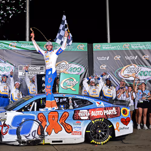 NASCAR Cup Series driver Chase Elliott, pictured here in June 2025, will run a paint scheme designed by two Children's Healthcare of Atlanta patients at next month's Quaker State 400. (Hyosub Shin/AJC)
