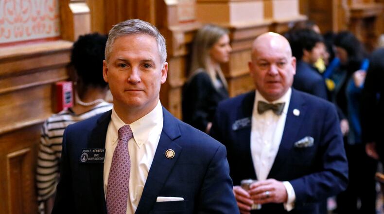 Sen. John Kennedy (left) and  Senate Majority Leader Mike Dugan in the state Senate on March 13, 2019. Kennedy supported a bill raising Georgia's marriage age from 16 to 17 on Thursday, March 28, 2019.  Bob Andres / bandres@ajc.com