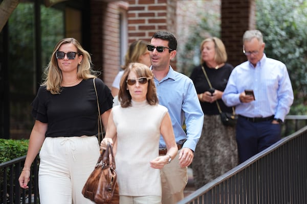 Shannon Keeler, left, departs from Adams County Court House in Gettysburg, Pa., Thursday, July 17, 2025. (AP Photo/Matt Rourke)