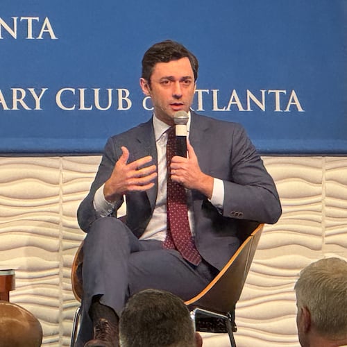 U.S. Sen. Jon Ossoff speaks to the Rotary Club of Atlanta on Monday, Aug. 11, 2025. (Adam Beam/AJC)