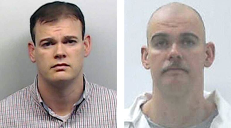 Transformation: At left, Devin Richard Hartman as he appeared in a Fulton County Sheriff’s Office photo after his arrest in 2014. He was 40 at the time. At right, Hartman as he appears in a state Department of Corrections photo in 2016.