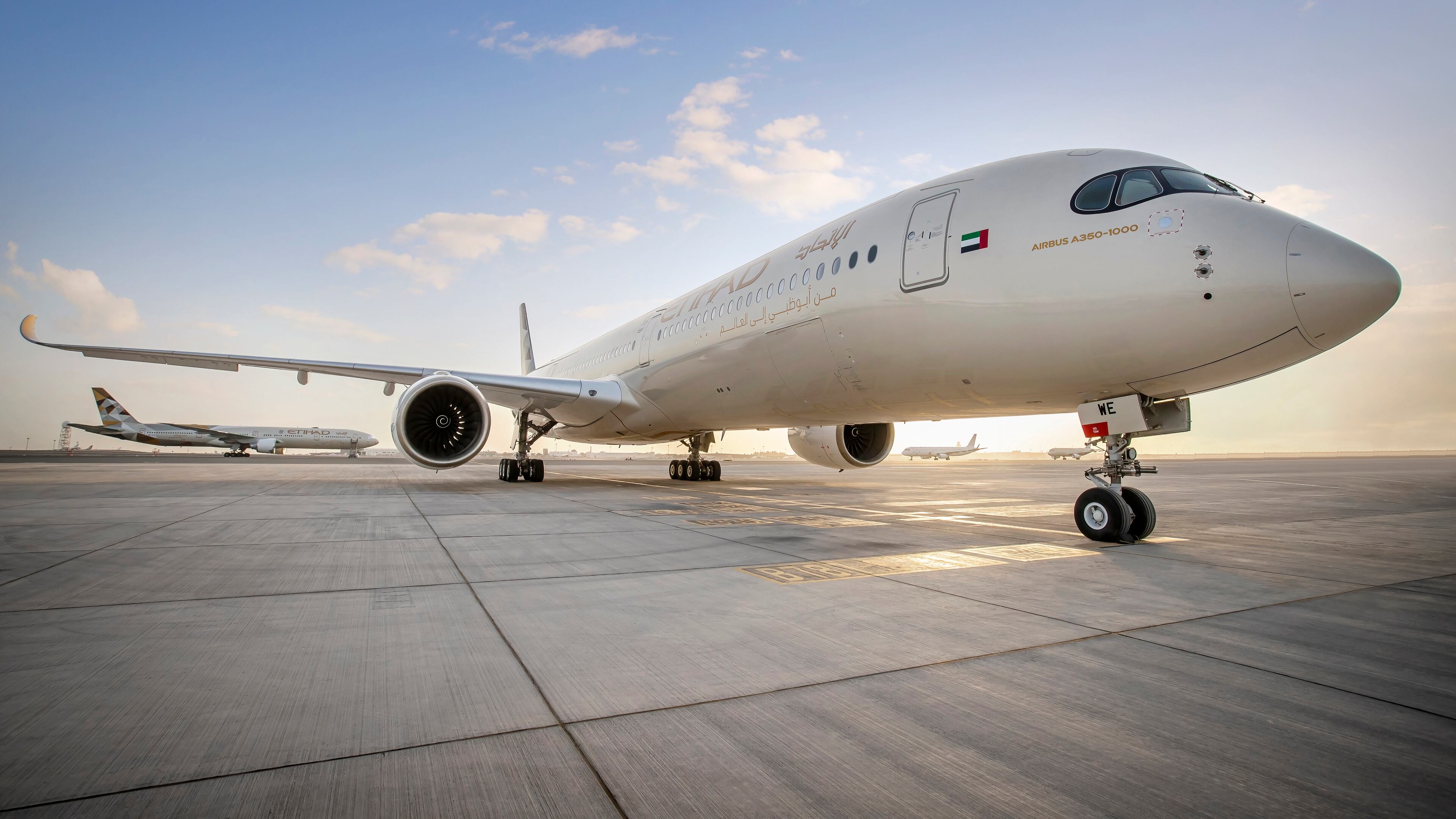 An Etihad A350 parked in Abu Dhabi might be part of Atlanta's first regular nonstop routes to the UAE city this summer. (Courtesy Etihad Airways)