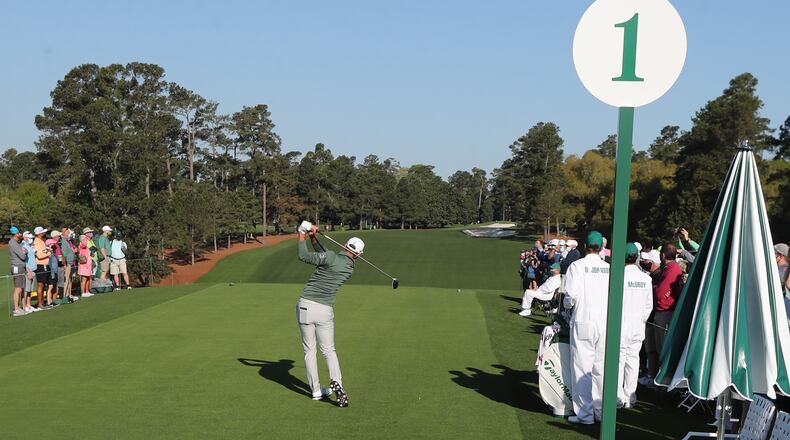 It's Monday from the Masters: Defending champion Dustin Johnson tees off during his practice round as he continues preparation for Round 1 of the Masters scheduled for Thursday.