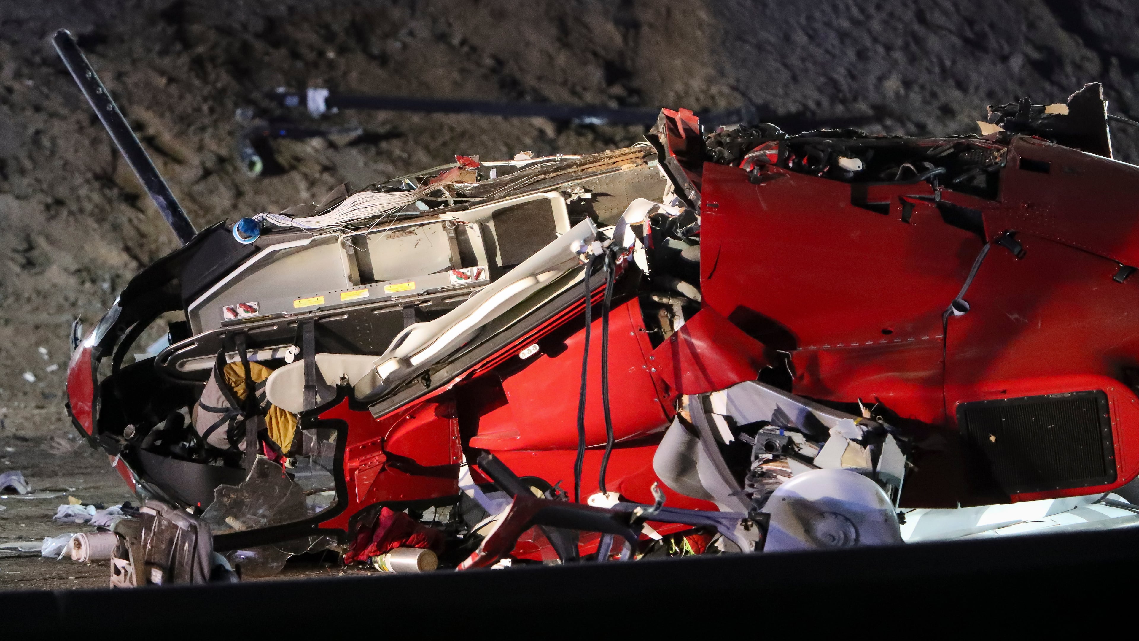 A medical helicopter is shown after it crashed on Highway 50 Monday, Oct. 6, 2025, in Sacramento, Calif. (AP Photo/Scott Marshall)
