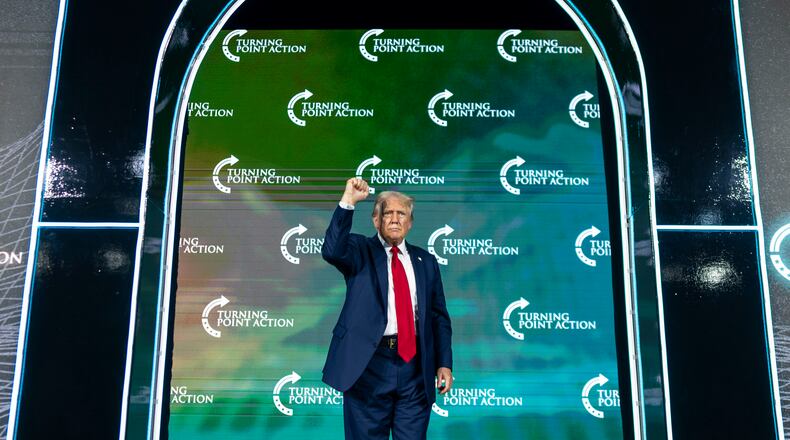 Former President Donald Trump, the Republican presidential nominee, speaks at the Turning Point Believers' Summit, in West Palm Beach, Fla., on Friday, July 26, 2024. Trump told supporters here that if they voted him into office in November, they would never need to vote again. “Christians, get out and vote. Just this time,” he said. “You won’t have to do it anymore, you know what? Four more years, it’ll be fixed, it’ll be fine, you won’t have to vote anymore, my beautiful Christians.” (Doug Mills/The New York Times)