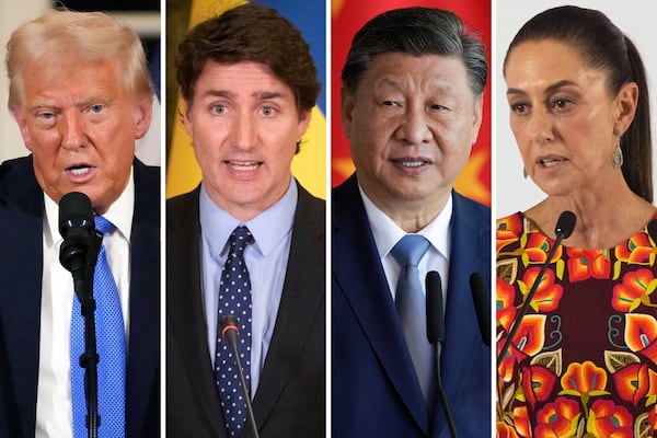 This combination of file photos shows U.S. President Donald Trump (from left), Canadian Prime Minister Justin Trudeau, China's President Xi Jinping and Mexico's President Claudia Sheinbaum. Experts say inflation-weary consumers and businesses can expect new import taxes to hike the prices of goods in the weeks ahead if Trump and other world leaders do not reverse course or find an off-ramp to trade tensions. (AP file)