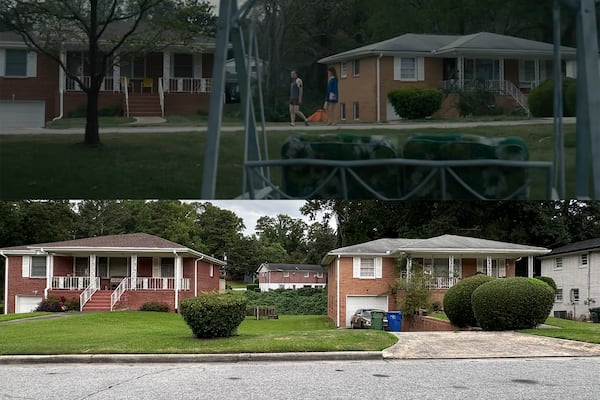 An image from the trailer of "The End of Oak Street" on Wisteria Lane in Southwest Atlanta (above)in 2024 and an image of the homes below taken Aug. 11, 2026. (Credit: Top, Courtesy of Warner Brothers, bottom, Rodney Ho/AJC)