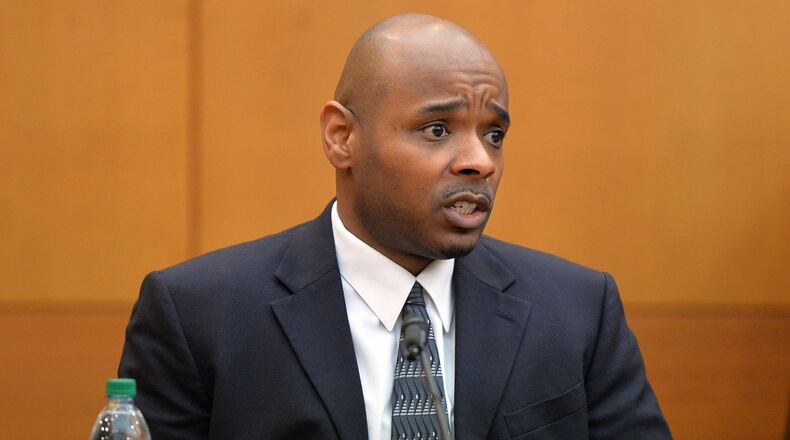 Former Dobbs Elementary School teacher Derrick Broadwater testifies Wednesday in the Atlanta Public Schools test-cheating trial before Judge Jerry Baxter in Fulton County Superior Court. (Kent D. Johnson, The Atlanta Journal-Constitution)