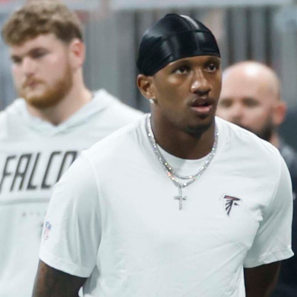 Atlanta Falcons quarterback Michael Penix Jr. looks on as his team fails to get offensive plays in the second half of an NFL game against the Carolina Panthers at Mercedes-Benz Stadium in Atlanta on Sunday, Sept. 20, 2026. (Miguel Martinez/AJC)