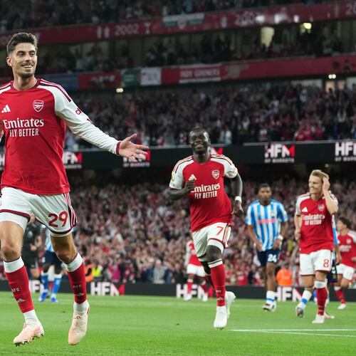 Arsenal's Kai Havertz celebrates after scoring the opening goal during the English Premier League soccer match between Arsenal and Coventry City in London, Friday, Aug. 21, 2026. (AP Photo/Kirsty Wigglesworth)