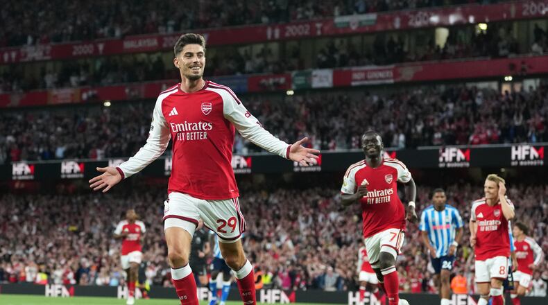 Arsenal's Kai Havertz celebrates after scoring the opening goal during the English Premier League soccer match between Arsenal and Coventry City in London, Friday, Aug. 21, 2026. (AP Photo/Kirsty Wigglesworth)