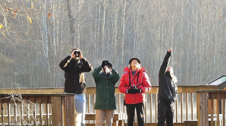 Atlanta Audubon Society birders (from left) Joe Cullen, Joy Carter, Stella Wissner and Mei-Jing Bernard look for birds in Constitution Lakes Park off Moreland Avenue during an Intown Atlanta Christmas Bird Count. (Photo by Charles Seabrook)