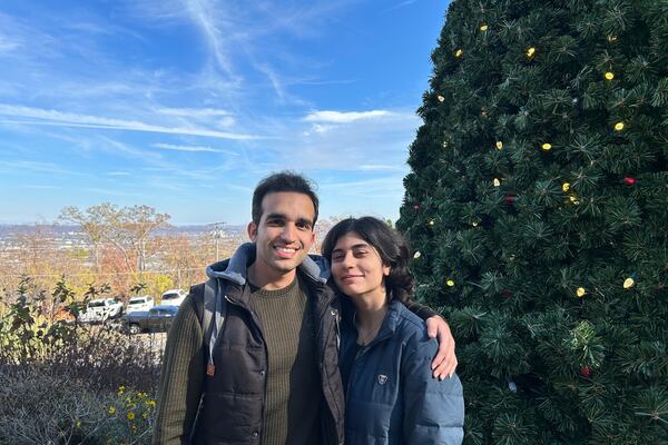 This undated photo provided by Sama Ebrahimi Bajgani in May 2025 shows her and her fiance, Alireza Doroudi, who was detained by immigration officials in March 2025. (Courtesy Sama Ebrahimi Bajgani via AP)