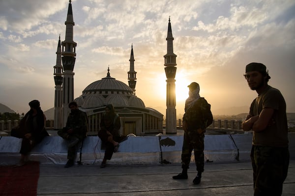 Taliban fighters stand guard on Nadir Khan hill in Kabul, Afghanistan, Tuesday, June 10, 2025. (AP Photo/Ebrahim Noroozi)